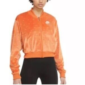 Nike L orange crop velour bomber full zip sweatshirt jacket